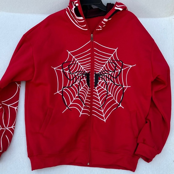 Spiderman Red Zip-Up Sweater with Web Design - Picture 1 of 6